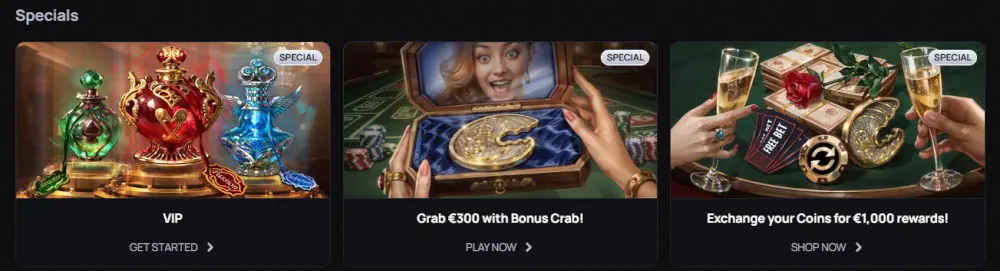 Sezione offerte Casinova con programma VIP e scambio di monete premio.